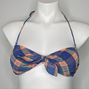 ✨3/$15  Victoria's Secret blue orange plaid tie accent bikini top M